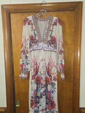 Floral Maxi Dress - Cream with Red & Pink Floral Print